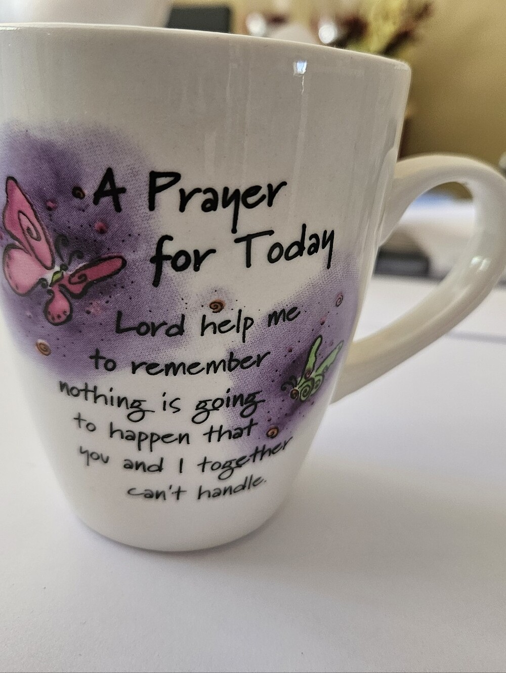 Ceramic Prayer Mug with Purple Butterfly Accent